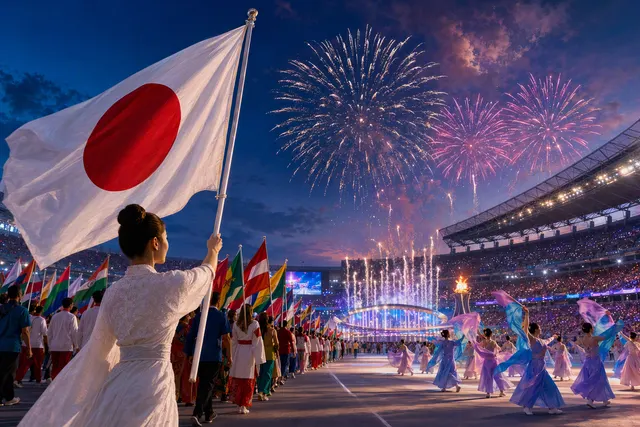 AI-generated illustration for an article about the 2026 Asian Games opening in Aichi-Nagoya; not a photograph of the ceremony