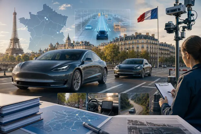 Editorial illustration of a Tesla driving on a French road during a supervised driver-assistance test