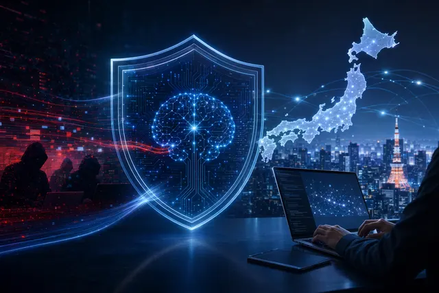 Concept illustration of AI cybersecurity defense system protecting digital infrastructure