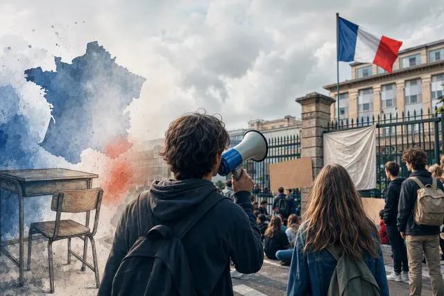 AI-generated editorial illustration for the French high-school protests and expected school closures.