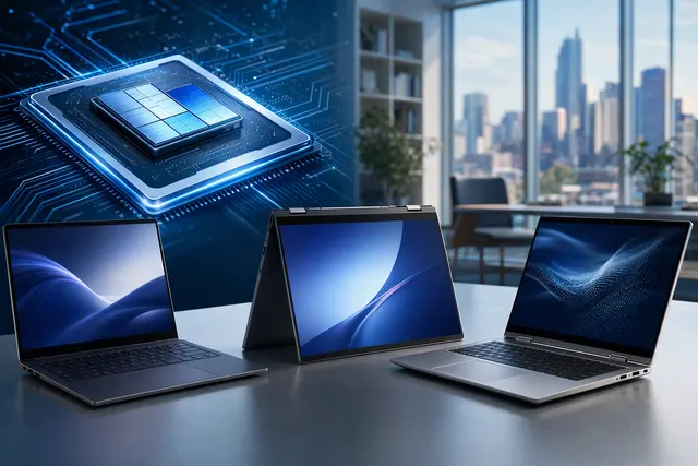 Editorial illustration of Intel Panther Lake laptops, a convertible business PC, and a compact mini PC