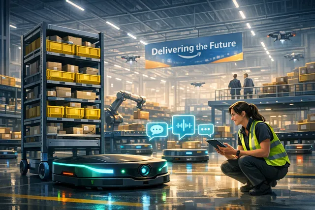 Amazon next-generation Proteus warehouse robot operating autonomously in a European fulfillment center alongside human workers