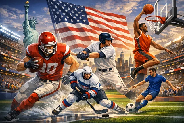 A dynamic composite collage of American sports, featuring an NFL football stadium at the center, surrounded by NBA, MLB, NHL, and soccer players, with a backdrop of glowing TV scre