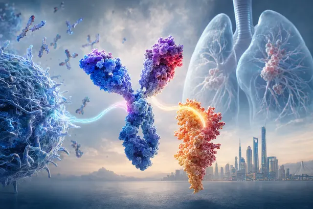 Editorial illustration of ivonescimab research in non-small cell lung cancer