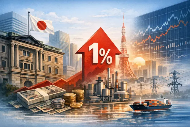 Bank of Japan building exterior with a superimposed upward-trending graph line, symbolizing the historic interest rate hike to 1%.