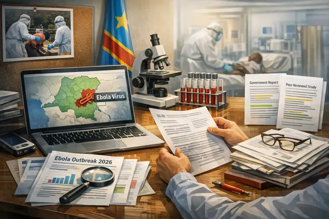 AI-generated illustration of the 2026 Bundibugyo Ebola outbreak map showing case counts and risk areas in the DRC, Uganda, and South Sudan