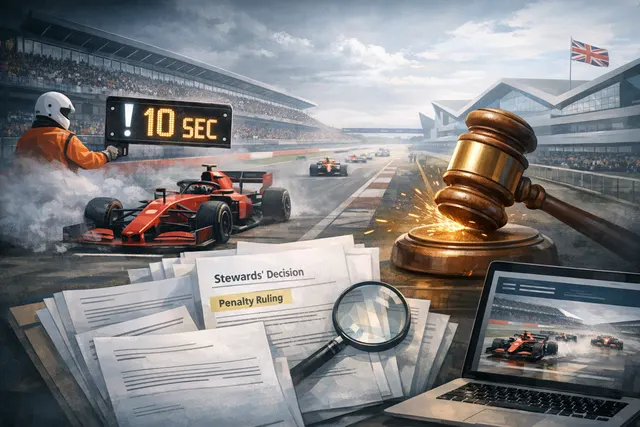 Carlos Sainz Williams car at Silverstone during the 2026 British Grand Prix, illustrating the safety car period and pit lane layout that led to his rare one-lap penalty.
