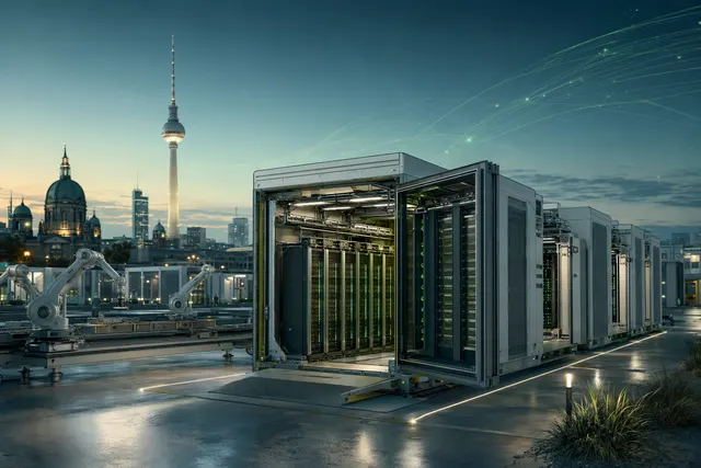 Illustrative AI-generated image of a modular container-style AI data center