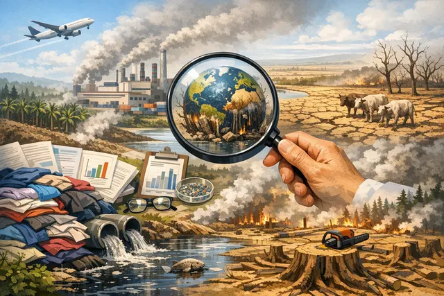 A conceptual illustration showing a figure representing the top 10% of consumers next to a large stack of coins and a polluted landscape, symbolizing the environmental cost of high