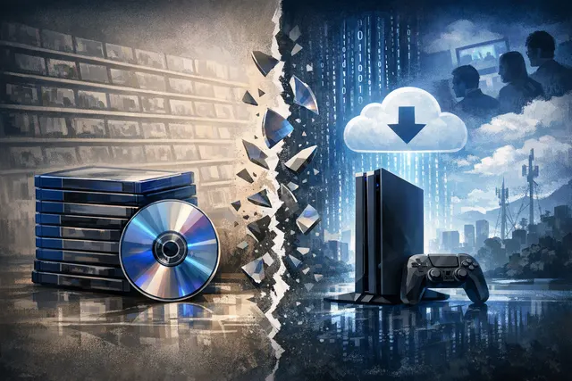 PlayStation game cases and discs contrasted with a digital download symbol, illustrating Sony's 2028 shift away from physical game releases