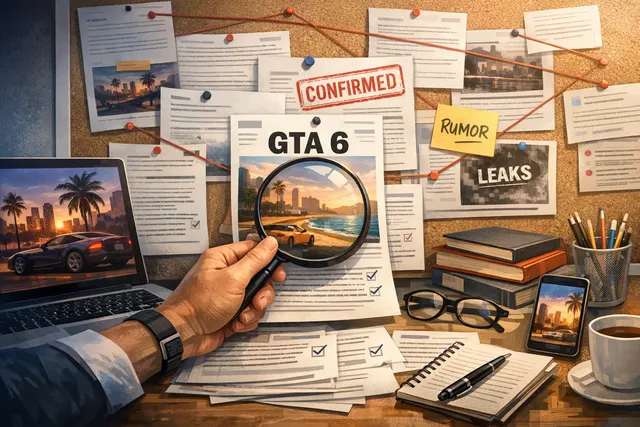 Conceptual illustration of Grand Theft Auto VI featuring the Vice City skyline with neon lights, with silhouettes of a helicopter and motorcycle, representing the game's setting an