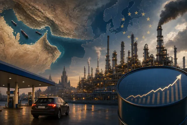 Editorial illustration representing Europe’s fuel-price and refining squeeze
