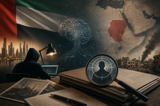 Illustration representing an AI-assisted influence operation involving the UAE, Sudan, and United Nations advocacy
