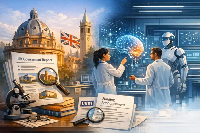 Abstract image representing UK government investment in AI research labs at Oxford and UCL, with a focus on open-source, efficient, and sovereign AI.