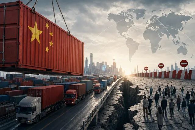 Editorial illustration of China’s export-driven industrial economy and global trade flows