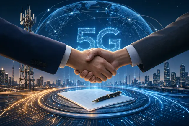 Editorial illustration representing Huawei and Qualcomm’s cross-licensing agreement across 5G and other technologies
