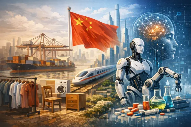 Editorial illustration of China’s emerging export trio: an industrial robot, an AI large-language model interface and an innovative medicine capsule