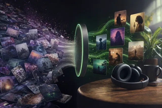 Illustration representing Spotify’s effort to filter AI-generated spam from music recommendations