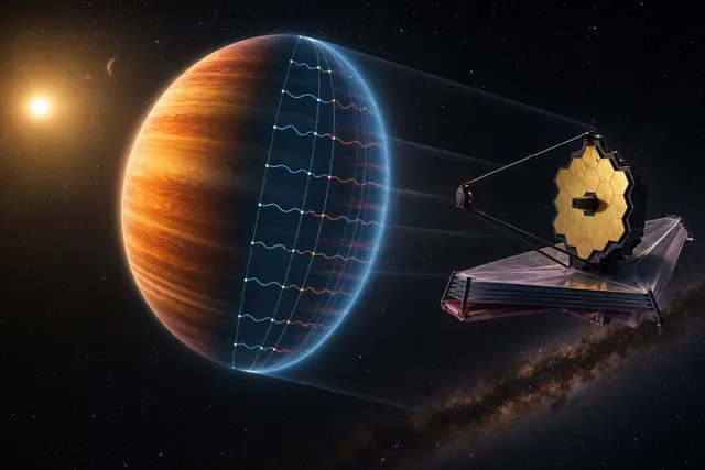 AI-generated conceptual illustration of WASP-17b’s uneven atmospheric limb; not a direct JWST image.