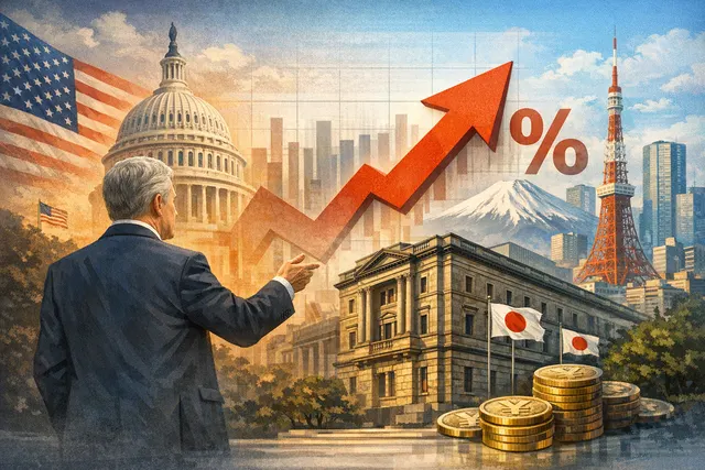Illustration of US Treasury Secretary Scott Bessent and Bank of Japan headquarters, representing US pressure behind Japan's 31-year high interest rate hike