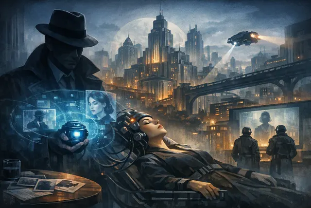 Noir-inspired illustration of a futuristic dystopian city where a detective investigates fragmented memories