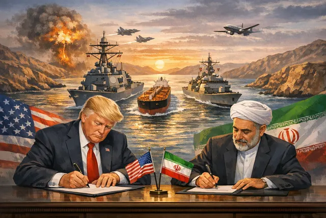 Diplomatic document and geopolitical tension concept illustrating the U.S.-Iran memorandum of understanding and Strait of Hormuz negotiations