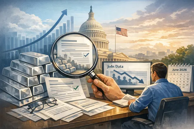 AI-generated editorial illustration of silver bars and coins against a financial chart background showing price surge past $61