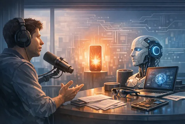 Editorial illustration of Sam Altman’s AI product strategy, showing a smartphone-style breakthrough alongside AI interfaces and computing infrastructure