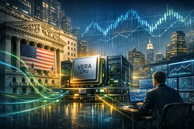 NVIDIA Vera CPU and NYSE stock exchange infrastructure concept illustration showing high-speed data processing and market technology convergence