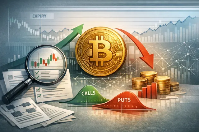 Bitcoin price chart overlaid with options data showing put/call ratio drop and DVOL compression