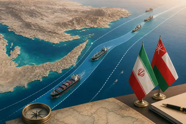 AI-generated editorial illustration accompanying a report on the proposed Strait of Hormuz shipping corridor