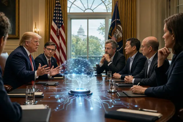 Editorial illustration representing a policy discussion about artificial intelligence