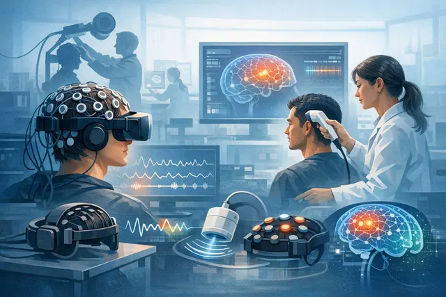 Illustration of a patient wearing a brain-computer interface headset with neural signals connecting to medical rehabilitation technology