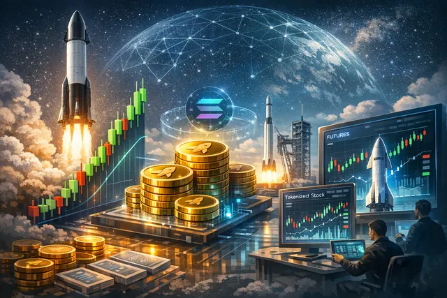 Abstract visualization of SpaceX stock ticker with crypto trading volume surging alongside market data charts