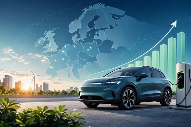 Illustration of battery-electric vehicles representing Europe’s rising EV market share in August 2026