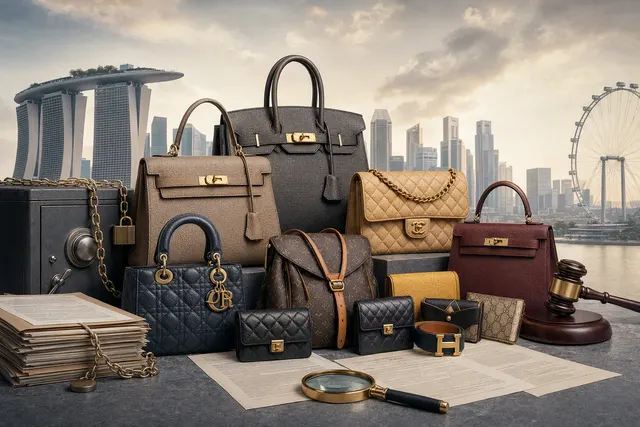 AI-generated editorial illustration accompanying a report on Singapore’s seized luxury-handbag auction; not a photograph of an auction lot