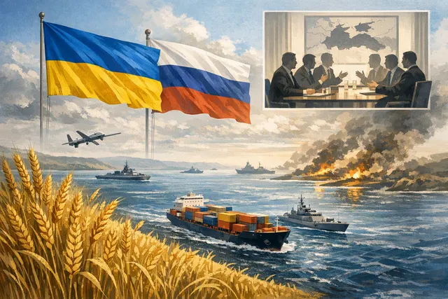 Editorial illustration of wheat shipments and cargo vessels navigating a tense Black Sea trade route