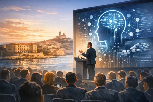 A.G. Sulzberger delivering the opening keynote at the 77th World News Media Congress in Marseille, addressing global publishers on AI intellectual property rights.