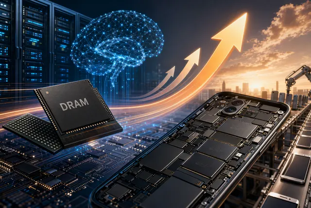 Editorial illustration of smartphone DRAM chips under pressure from AI server demand