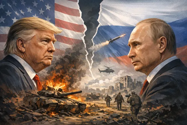 An abstract digital illustration of two silhouetted figures facing each other, one with an American flag motif and the other with a Russian flag motif, with a map of Ukraine in the