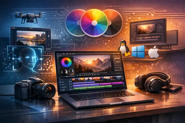 Illustration of OpenShot 4.0 video editing with screen recording, color grading, and AI masking tools