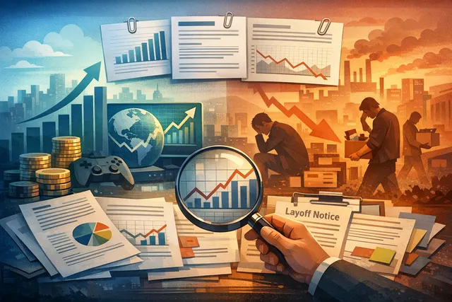 Abstract visualization of the global gaming industry in 2025, showing a glowing upward-trending revenue chart alongside a contrasting downward silhouette representing workforce lay
