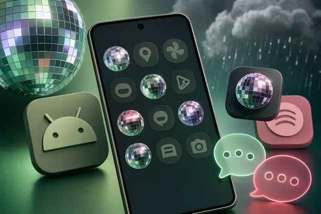 Pixel phone home screen showing disco-ball style app icons created by Google’s AI icon customization feature