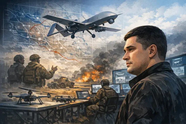 AI-generated editorial illustration of Mykhailo Fedorov and Ukraine’s wartime political crisis