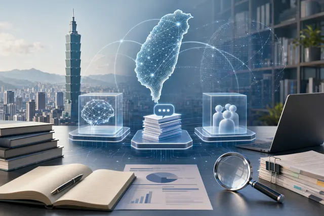 台灣企業團隊在螢幕前比較生成式 AI 工具、資料治理與工作流程的示意圖
