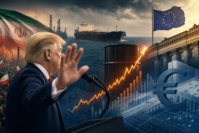 Editorial illustration of oil markets and euro-zone bond yields reacting to the Iran and Strait of Hormuz crisis
