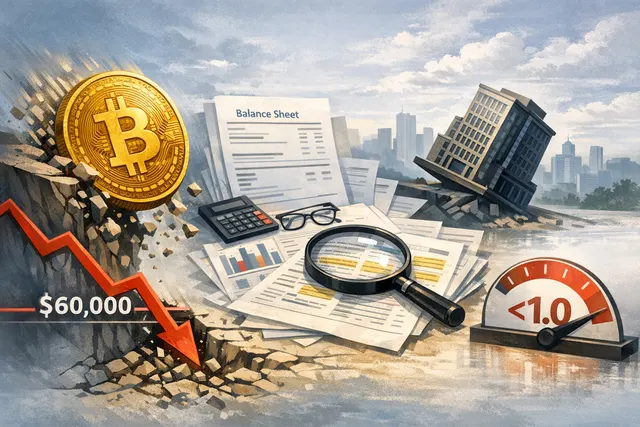 Strategy (MSTR) mNAV chart showing ratio falling below 1.0, with Bitcoin price decline in the background