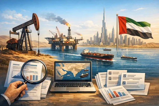 Crude oil storage tanks and a pipeline at sunset, representing UAE oil exports and the Strait of Hormuz crisis.