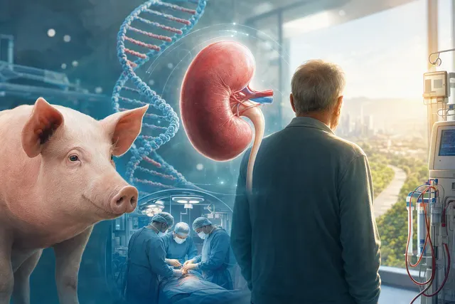 Editorial illustration of gene-edited pig kidney transplantation as a bridge to a human kidney transplant