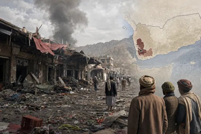 AI-generated illustration representing a strike near a market in Yemen.
